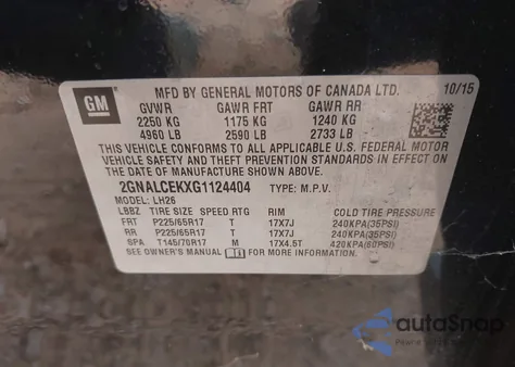 2016 Chevrolet Equinox Lt из США, поврежденный, VIN 2GNALCEKXG1124404